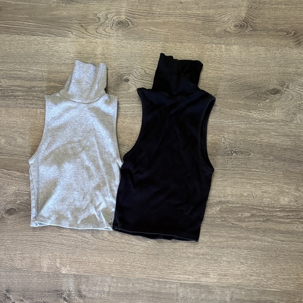 Zara Sleeveless Turtleneck Crop Tops - Black & Light Gray